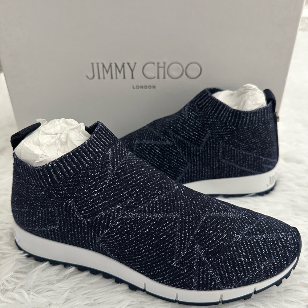 NIB Jimmy Choo‎ Navy Knit Slip On Sneakers Shoes 35